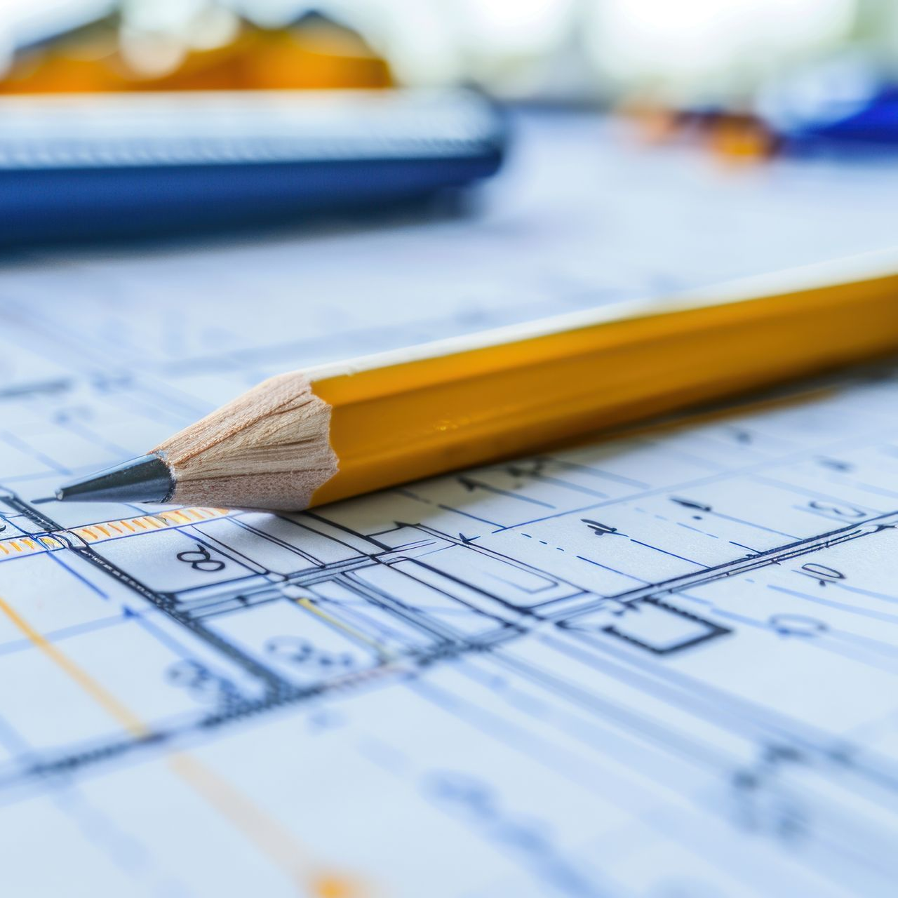 Crayon jaune sur des plans architecturaux avec des plans flous en arrière-plan