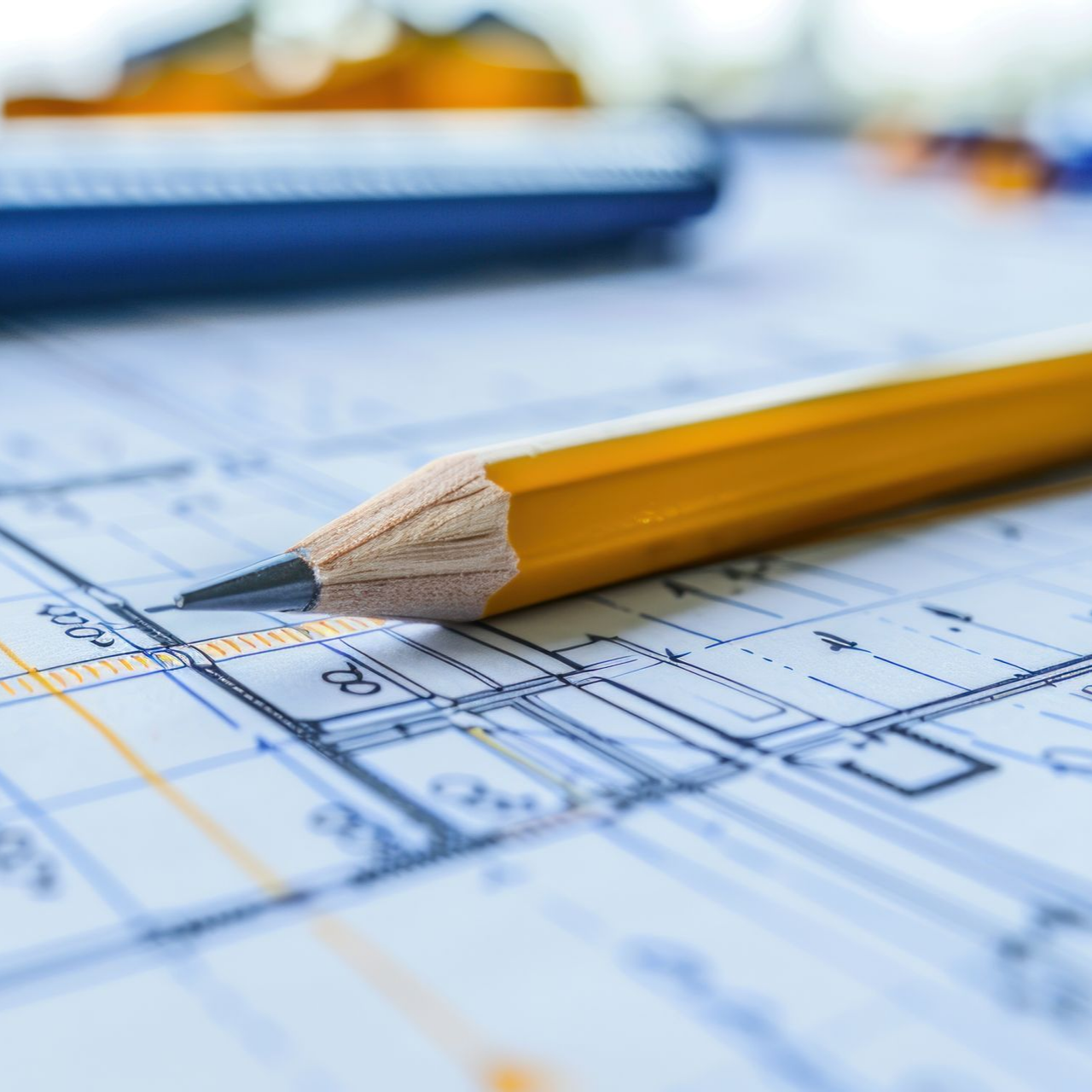 Crayon jaune sur des plans d'architecte, avec une calculatrice floue en arrière-plan.
