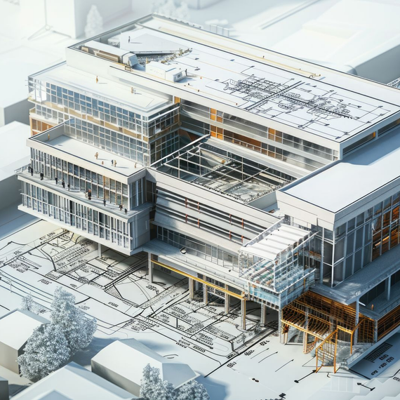 Représentation architecturale d'un complexe de bureaux moderne à plusieurs étages