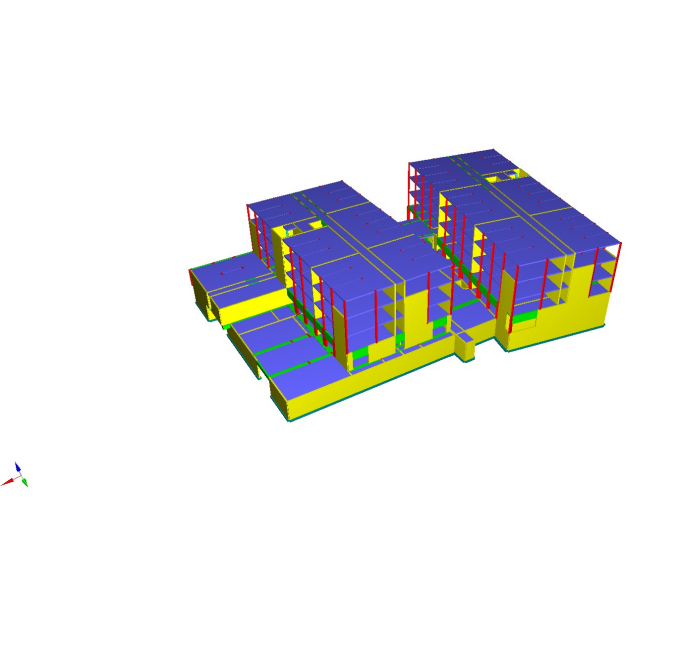 Modèle architectural 3D d'un complexe de bâtiments à plusieurs ailes, en bleu, jaune et magenta sur fond blanc.