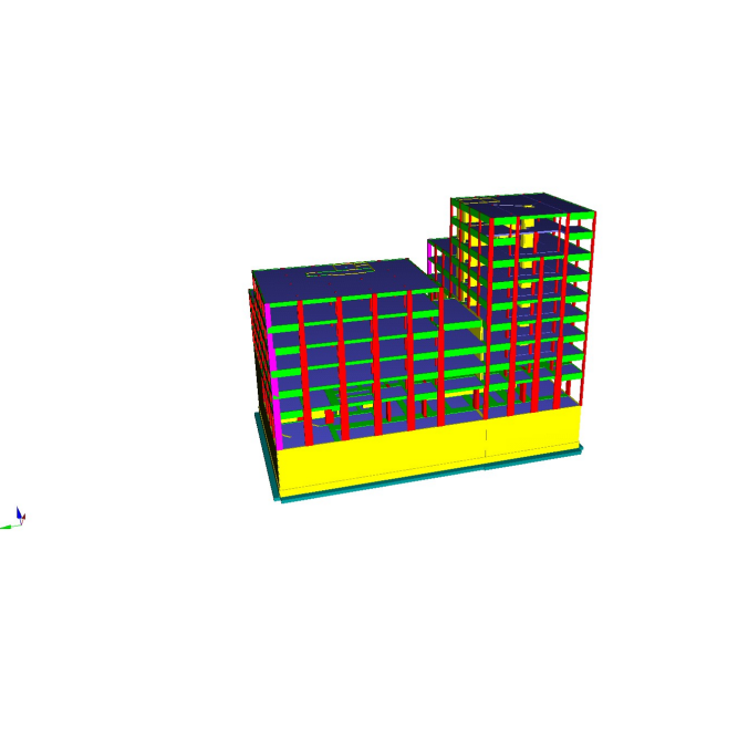 Modèle 3D coloré d'un bâtiment avec une structure rouge, des fenêtres vertes, des toits bleus et une base jaune sur fond blanc.