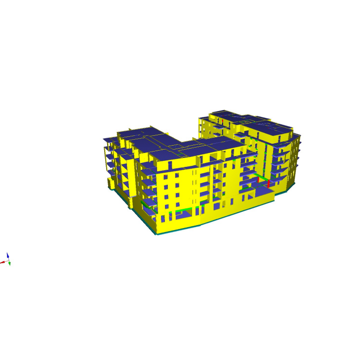 Modèle 3D d'un immeuble d'appartements à plusieurs ailes jaune et bleu sur fond blanc