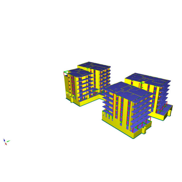 Modèle 3D de trois immeubles d'appartements colorés sur fond blanc