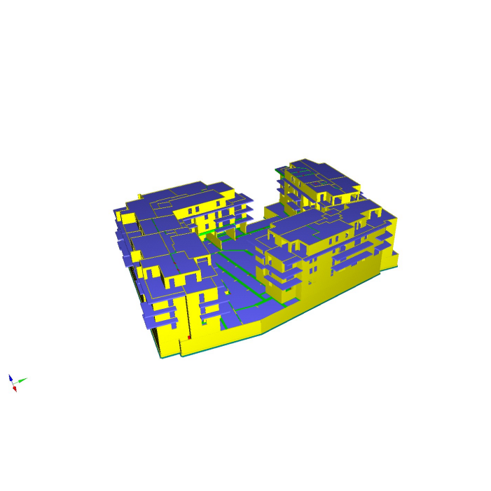 Modèle 3D d'un complexe immobilier à plusieurs étages, de couleur jaune et bleue sur fond blanc.