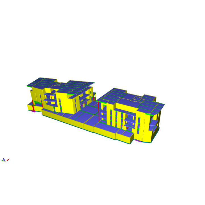 Deux maquettes de bâtiments jaunes et bleues sur fond blanc, présentées en vue 3D