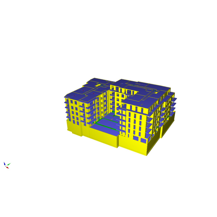 Rendu CAO 3D d'un complexe immobilier à plusieurs étages bleu et jaune sur fond blanc