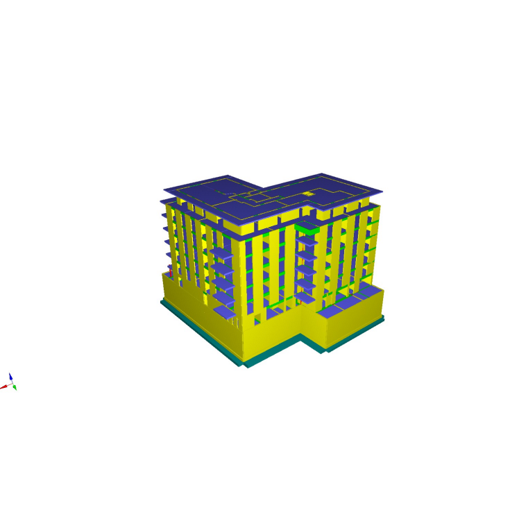 Modèle 3D d'un bâtiment avec des murs jaunes, un toit bleu et des touches de vert sur fond blanc.