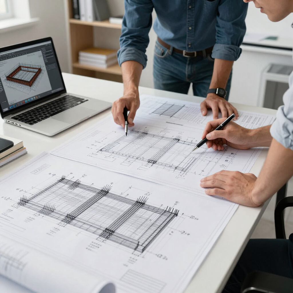 Des ingénieurs examinent des plans d'architecte à leur bureau, munis d'un ordinateur portable et de dessins techniques.