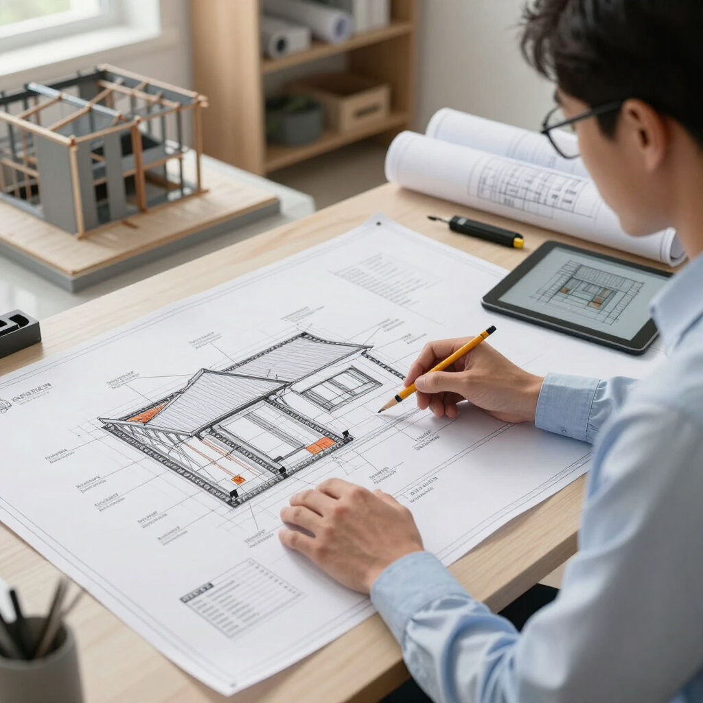 Un architecte examine les plans d'une maison à son bureau, muni d'une tablette et d'une maquette.