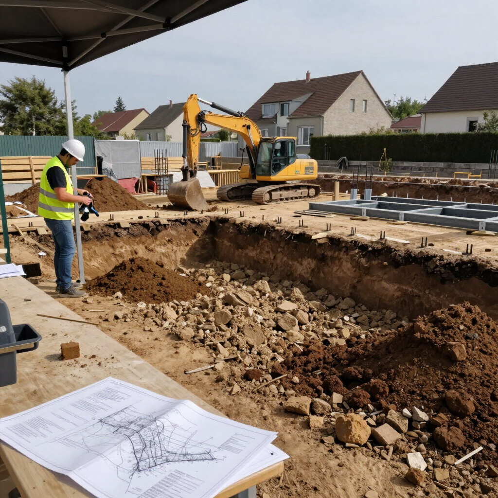 Chantier de construction avec excavatrice, ouvrier en gilet de sécurité et tranchée pour les fondations à côté des plans du bâtiment