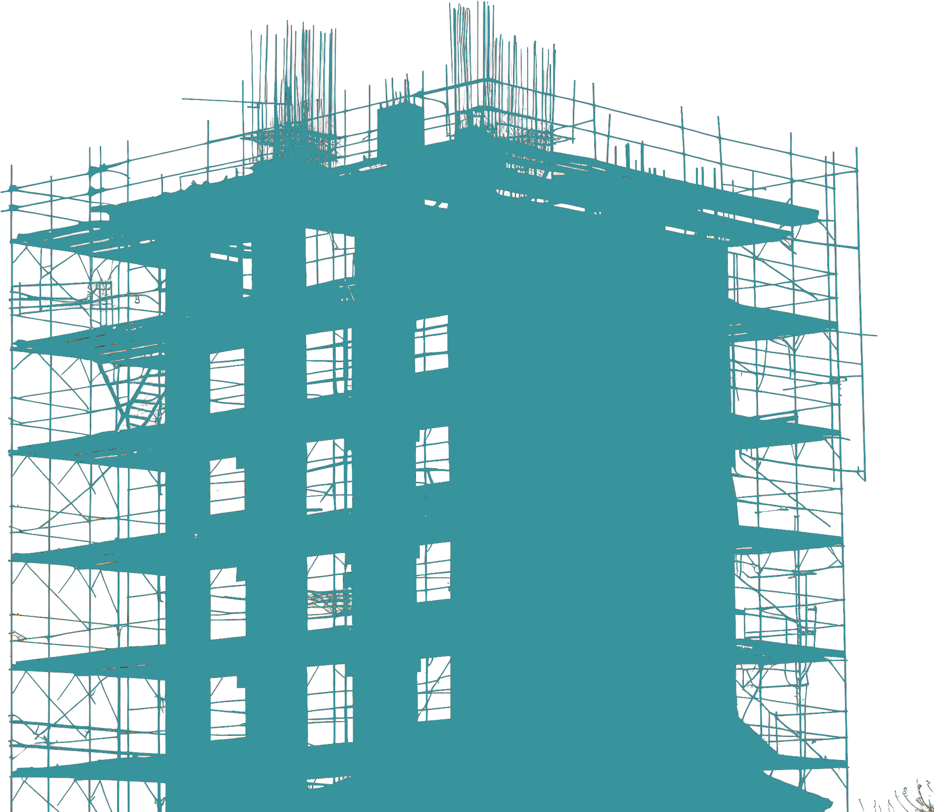 Plan d'un immeuble de plusieurs étages en construction, avec échafaudages et armatures apparentes.