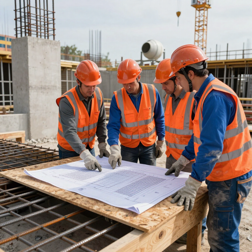 Des ouvriers du bâtiment portant des gilets de sécurité orange examinent des plans sur un chantier.