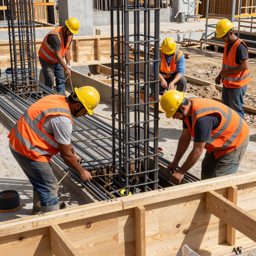 Des ouvriers du bâtiment en gilets orange et casques de chantier attachent des barres d'armature sur un chantier de fondations.