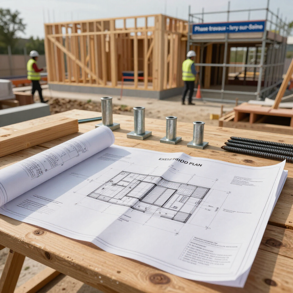 Chantier de construction avec un plan sur une table et des ouvriers en train de construire une maison en arrière-plan.