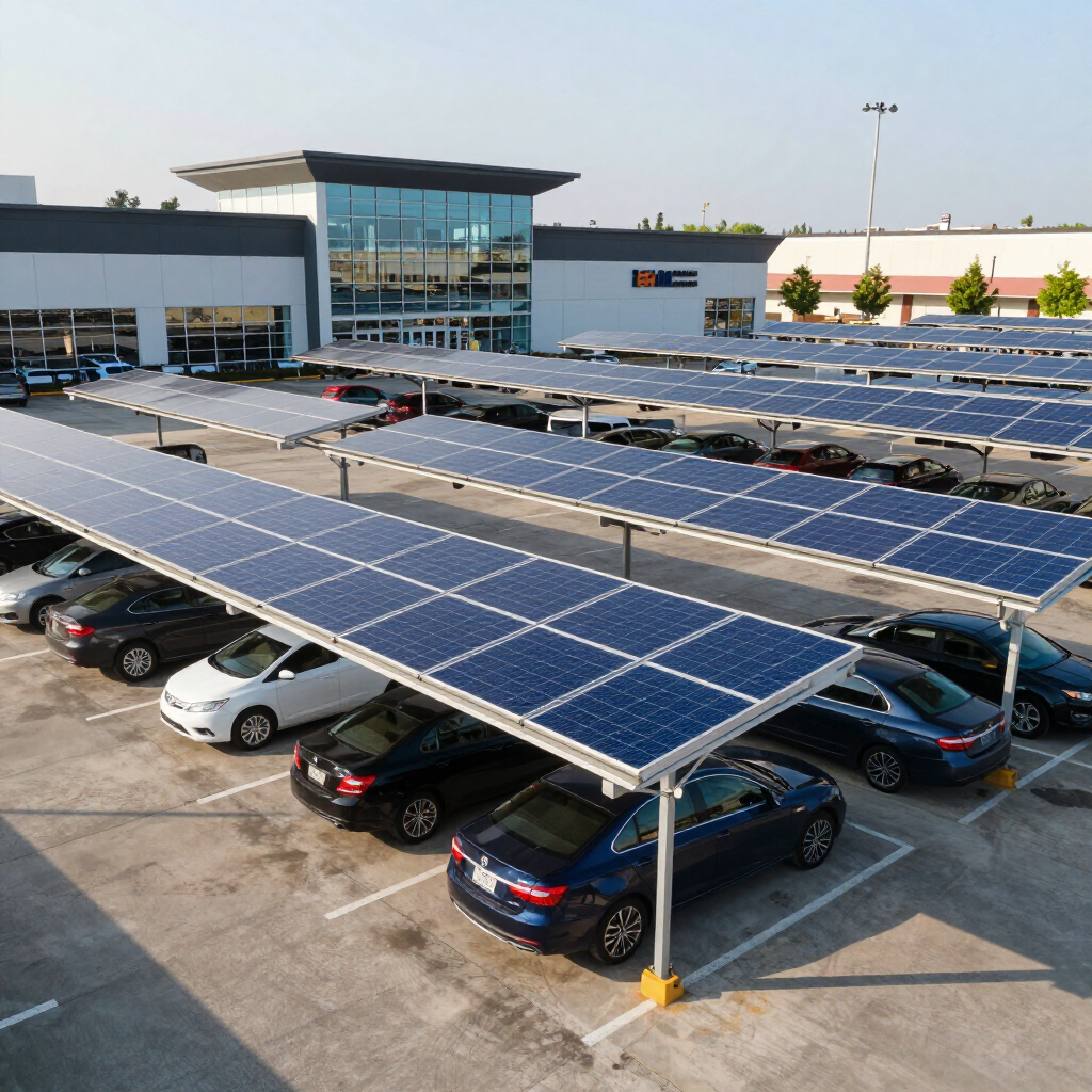 Parking équipé de panneaux solaires au-dessus de voitures garées