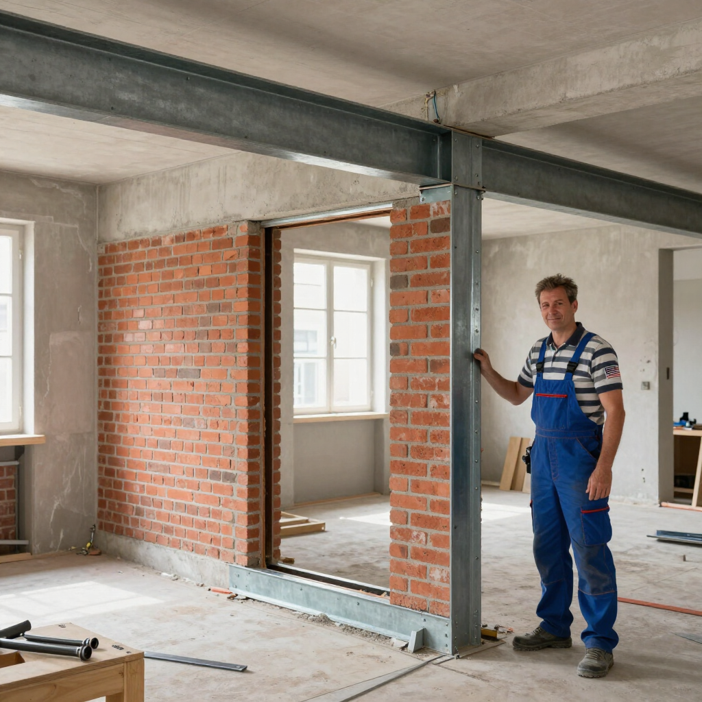 Un ouvrier se tient à côté d'une structure métallique à l'intérieur d'un chantier de construction en briques inachevé.
