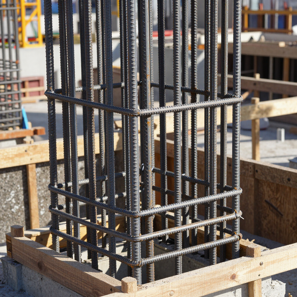 Armature verticale en acier dans un coffrage en bois sur un chantier, prête pour le coulage du béton