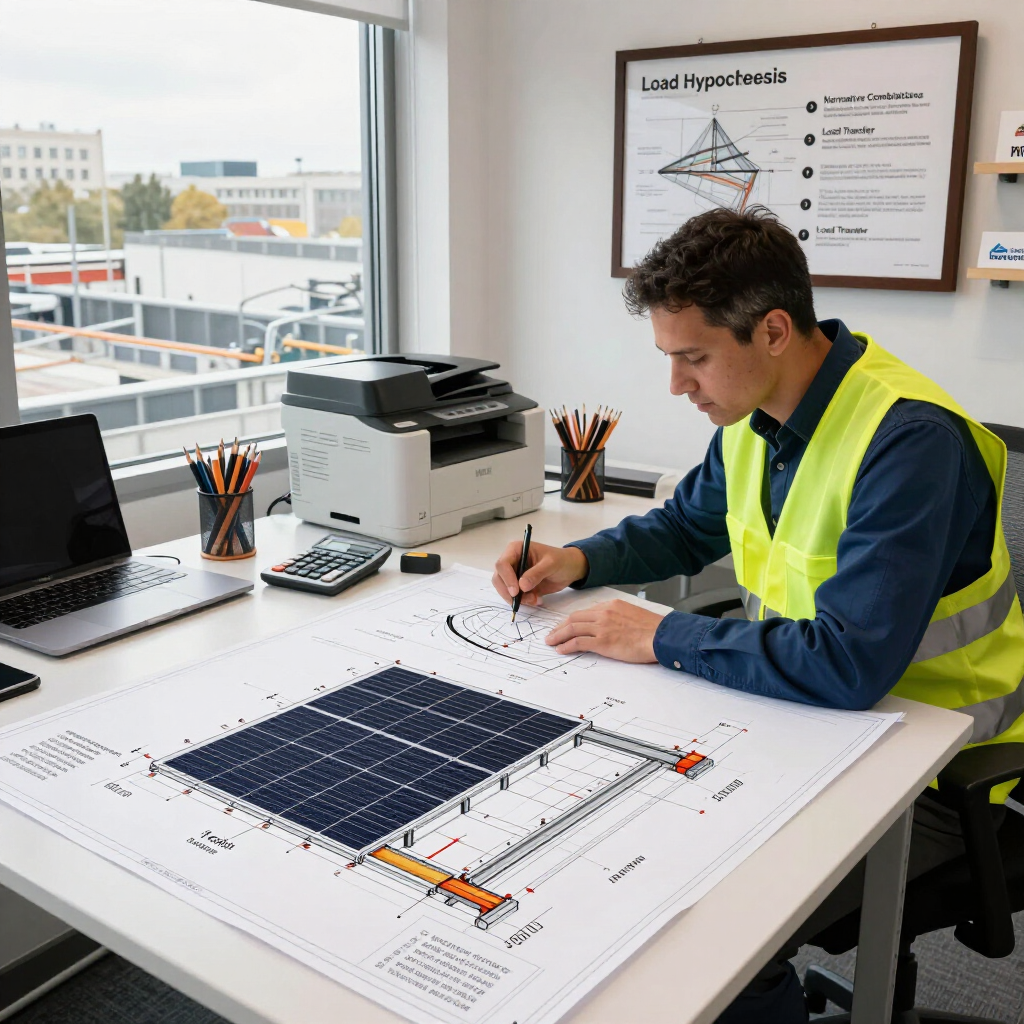 Un ingénieur examine des plans à un bureau, à côté d'un ordinateur portable et d'une imprimante