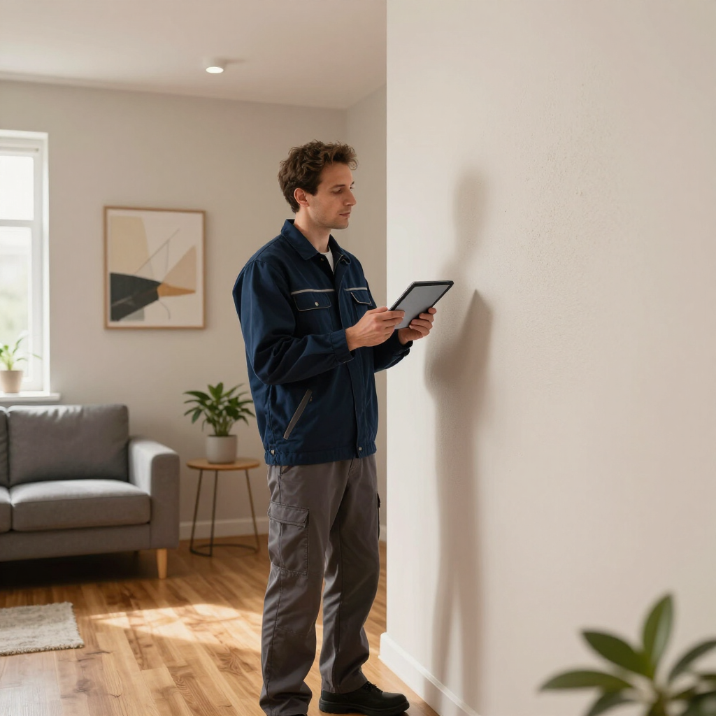 Une personne utilise une tablette et inspecte un mur