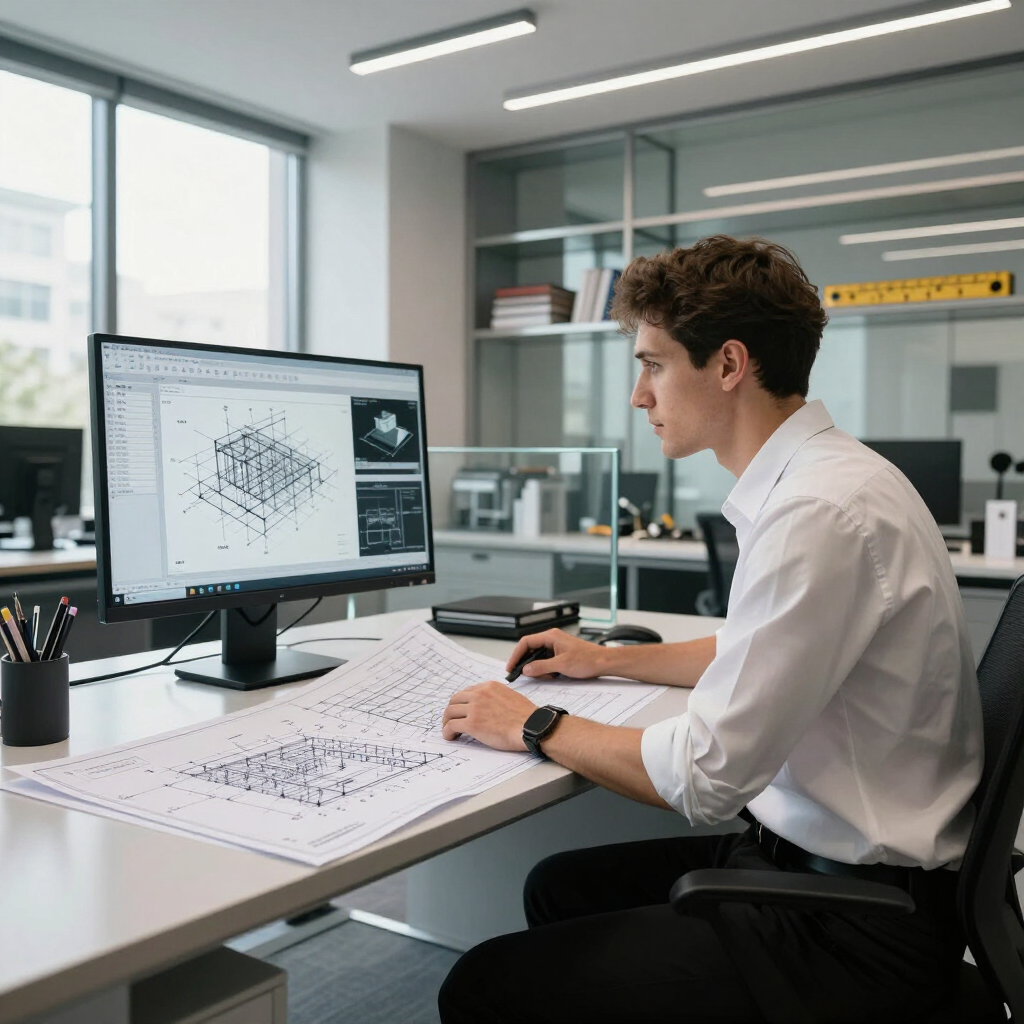 Une personne travaillant à un bureau avec des plans d'architecte et un ordinateur dans un bureau