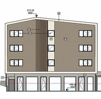 Dessin de la façade d'un bâtiment moderne de trois étages avec un revêtement beige et une devanture commerciale au rez-de-chaussée.