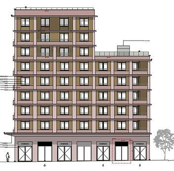 Élévation architecturale d'un immeuble d'appartements de plusieurs étages, de couleur beige et marron, avec un rez-de-chaussée de style commercial.