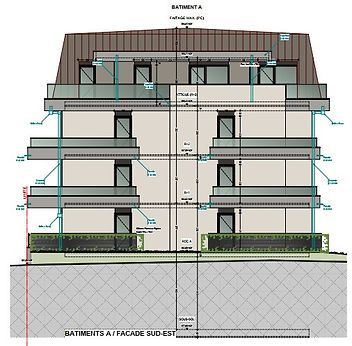 Plan architectural d'une façade d'immeuble à plusieurs étages avec dimensions et balcons indiqués.