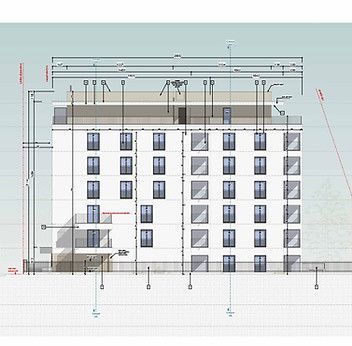 Plan d'élévation architecturale d'un bâtiment à plusieurs étages avec dimensions et disposition des fenêtres