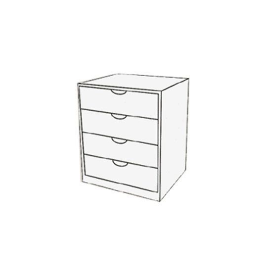 Un dibujo de una cómoda con cuatro cajones sobre un fondo blanco.