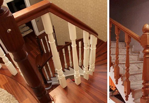 Dos imágenes de una escalera de madera con barandillas blancas.
