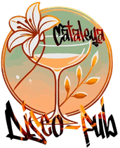 Logotipo para Cataleya Disco Pub, copa de c&oacute;ctel, flor de lirio y follaje con el nombre en fuente decorativa.