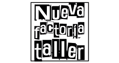 Logotipo cuadrado en blanco y negro con la inscripción “Nueva factoría taller” en texto apilado estilo recorte.