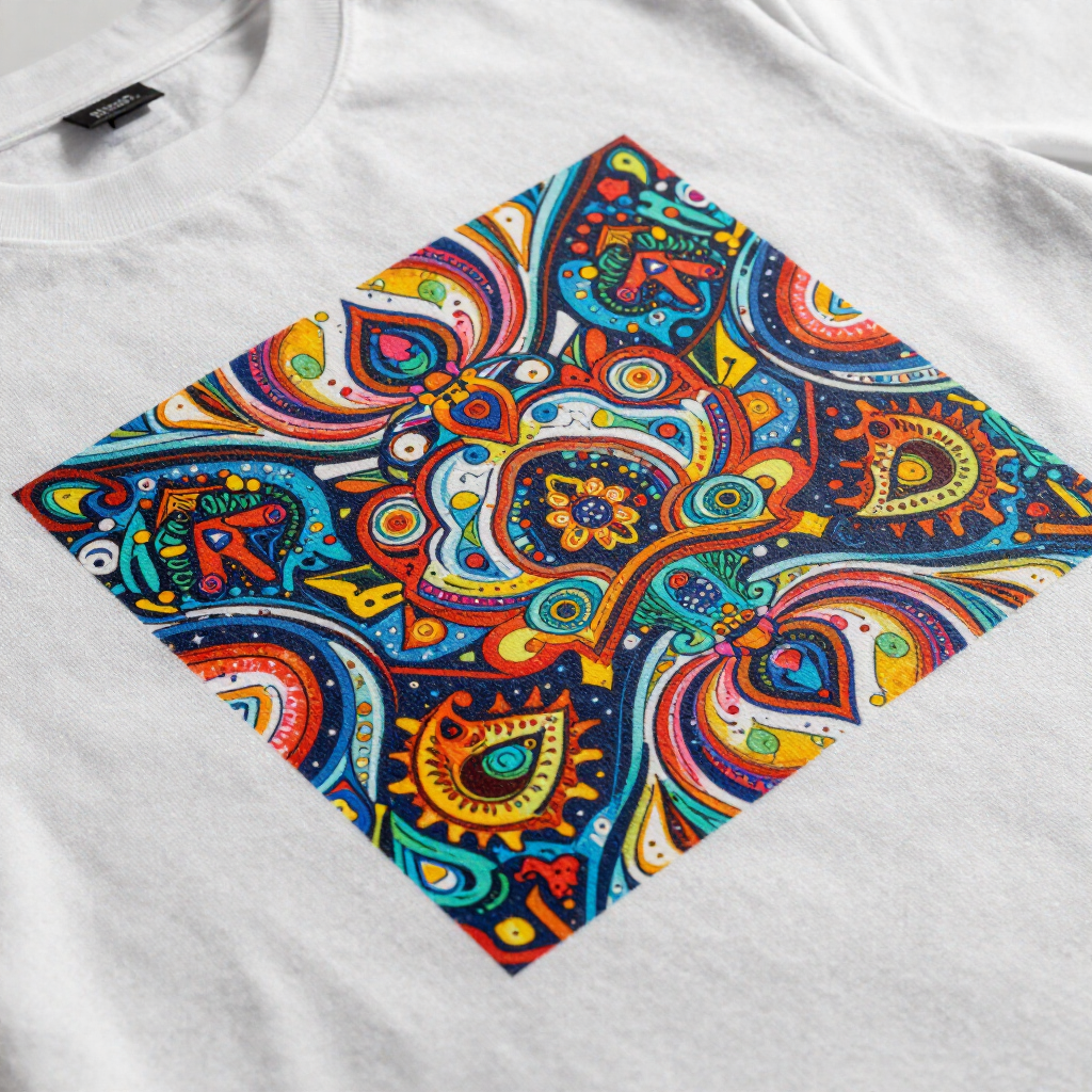 Camiseta blanca con un colorido estampado de rombos de cachemir en azul, rojo, amarillo y naranja.