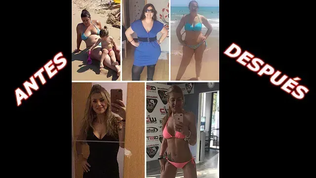 Un collage de fotografías de una mujer antes y después de perder peso.