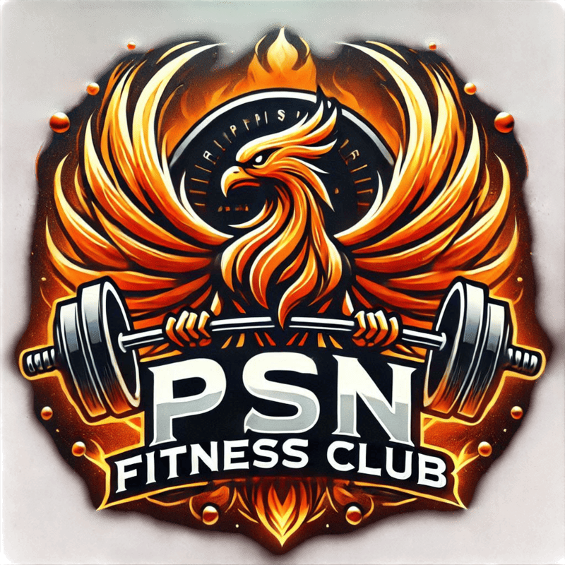 Un logotipo para el club de fitness PSN con un fénix sosteniendo una barra.