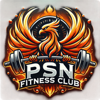 Un logotipo para el club de fitness PSN con un fénix sosteniendo una barra.