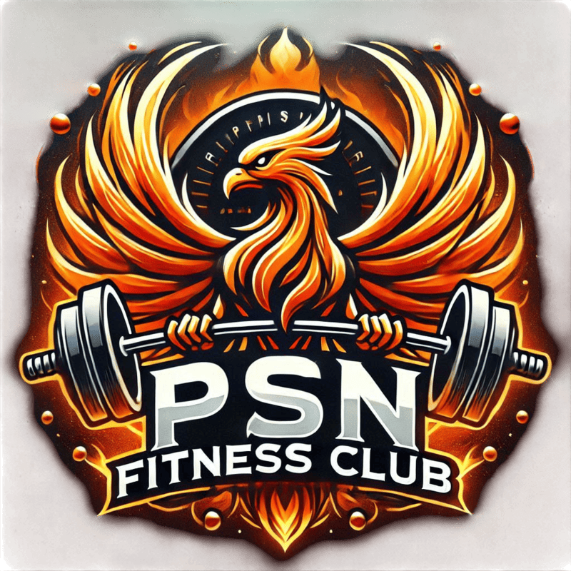 Un logotipo para el club de fitness PSN con un fénix sosteniendo una barra.
