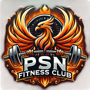 Un logotipo para el club de fitness PSN con un fénix sosteniendo una barra.