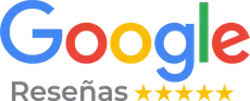 Logotipo de Google Reviews con letras azules, rojas, amarillas y verdes, con cinco estrellas doradas y la palabra 