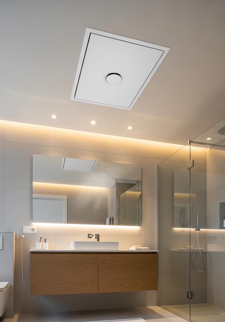 Salle de bains moderne avec meuble-lavabo suspendu en bois, grand miroir et porte de douche en verre sous un éclairage tamisé.