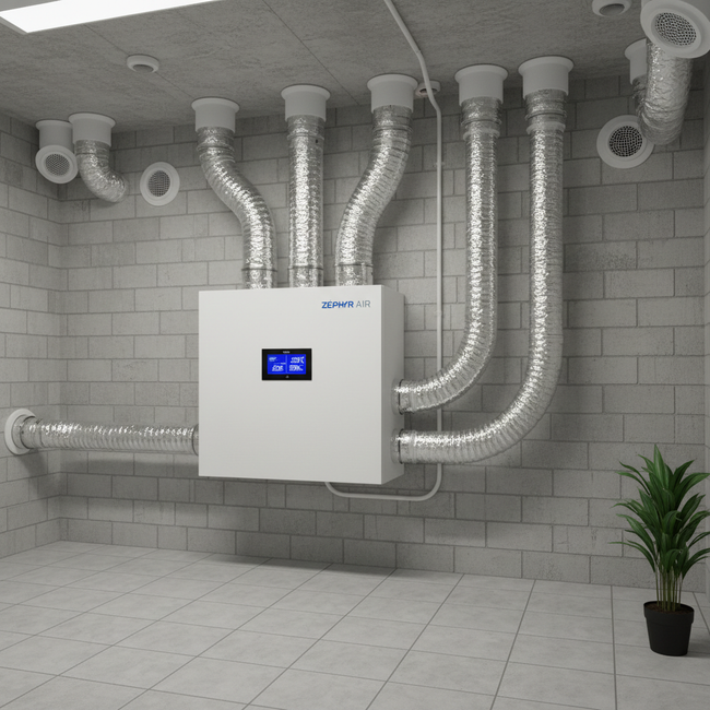Unité de climatisation murale avec conduits argentés dans une buanderie grise, avec une plante en pot à proximité.