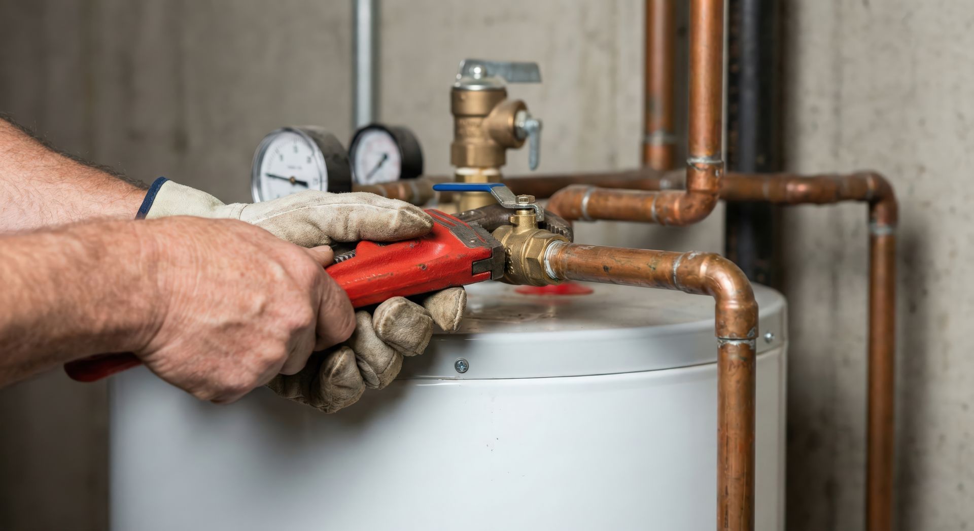 Main utilisant une clé à pipe rouge pour serrer un tuyau de cuivre sur un chauffe-eau blanc.