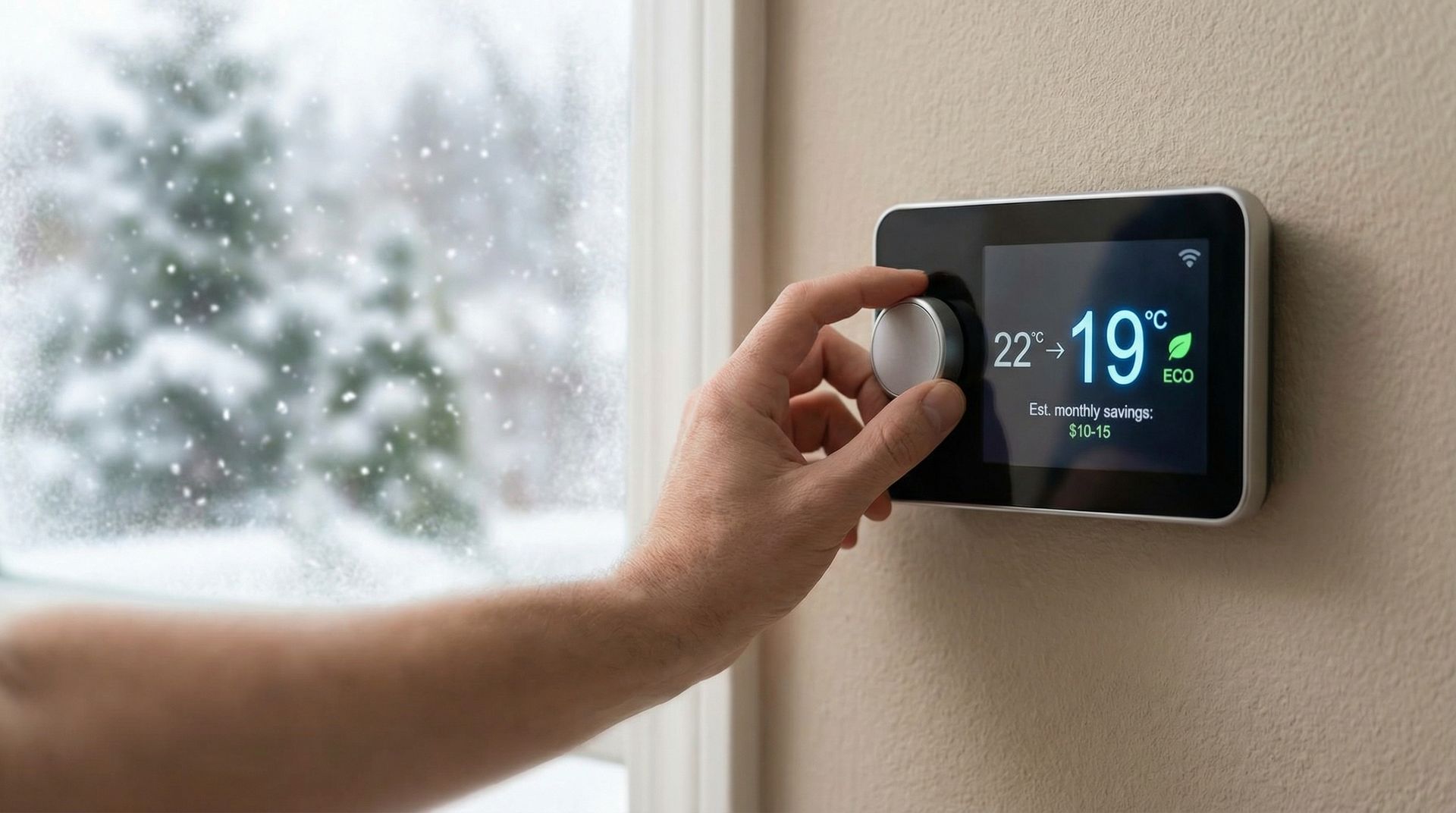 Une main ajuste un thermostat mural indiquant 19 °C à côté d'une fenêtre enneigée.