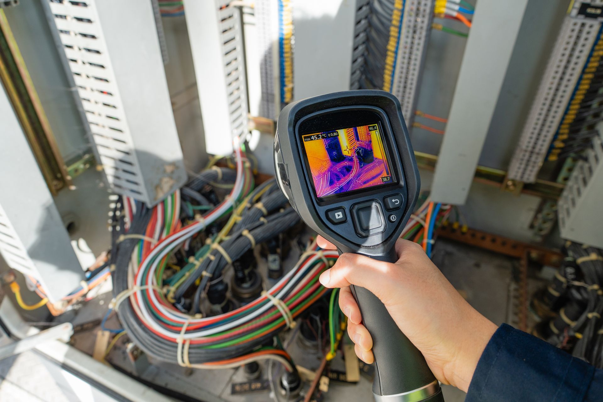 Caméra thermique portable pour scanner le câblage électrique dans une zone de maintenance sur le toit d'un bâtiment.