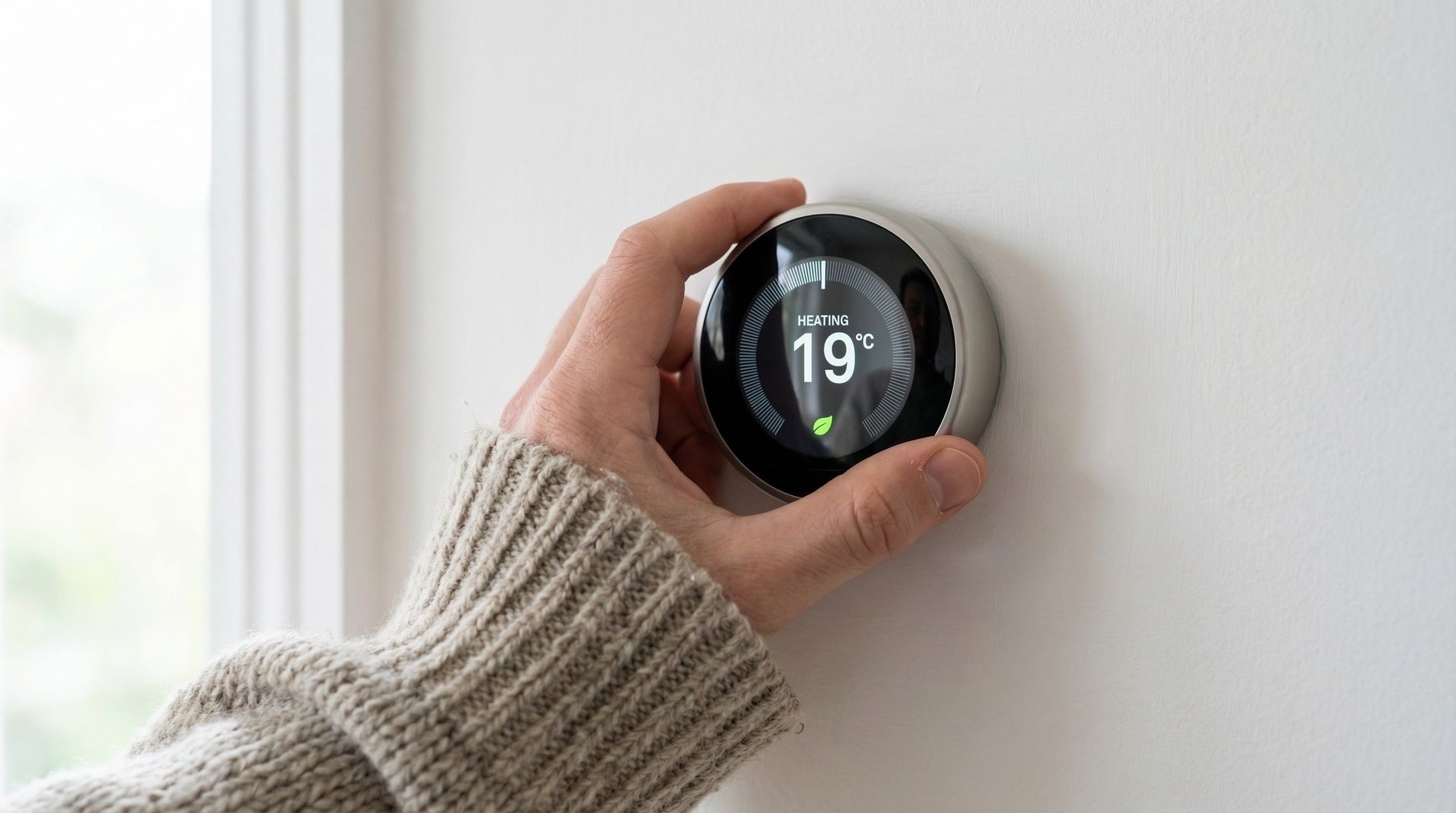 Main tenant un thermostat intelligent rond sur un mur blanc, indiquant 19°.