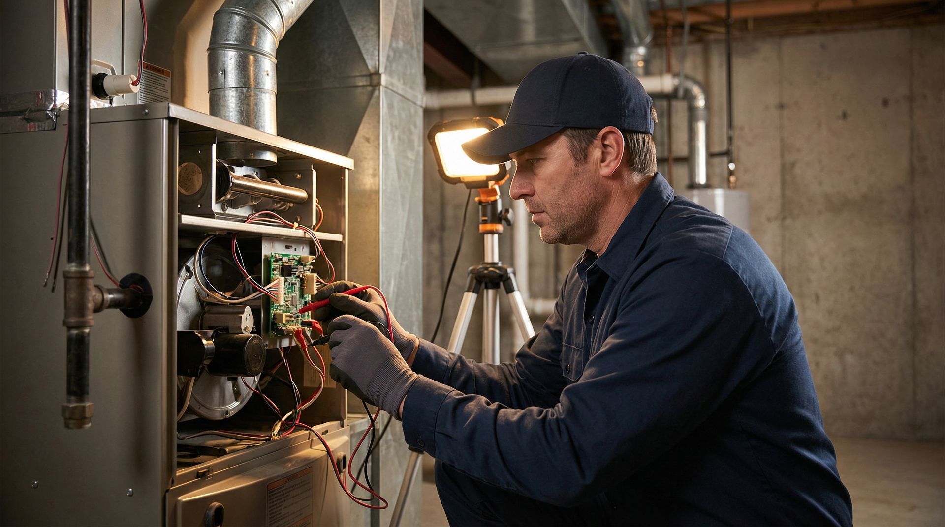 Un technicien règle les commandes de chauffage, ventilation et climatisation dans un local technique où les tuyaux et les conduits sont apparents.
