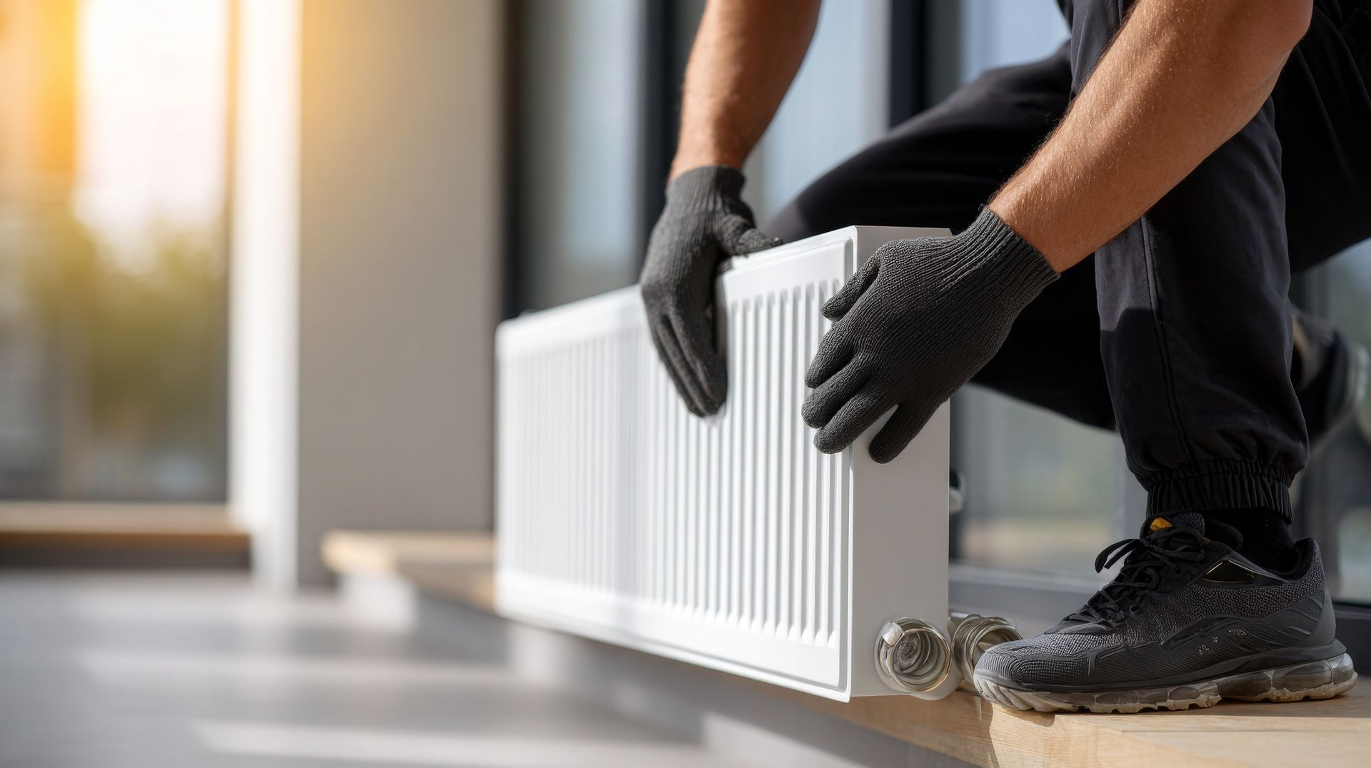 Un ouvrier ganté installe un radiateur blanc au sol, à côté d'une fenêtre.