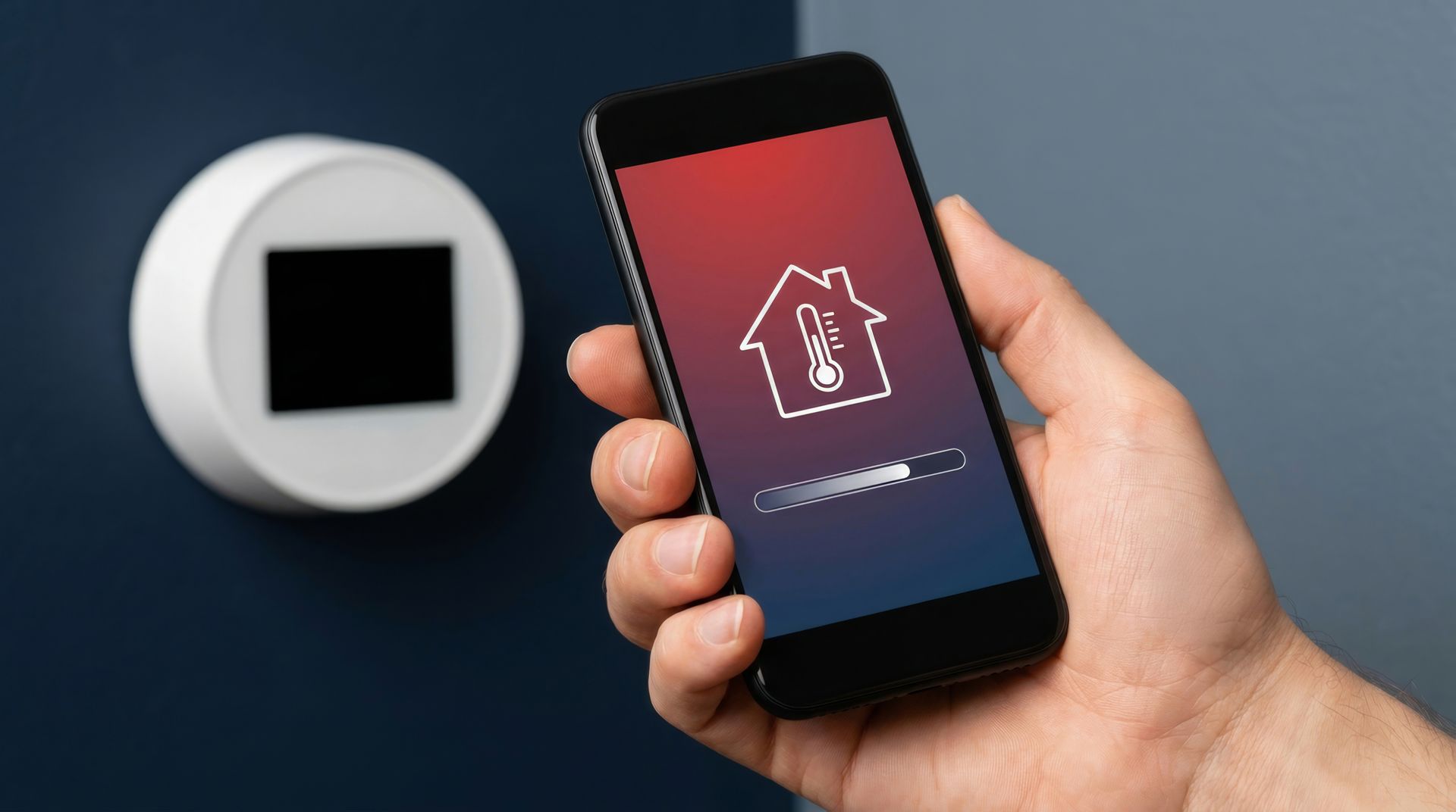 Main tenant un smartphone affichant une application de sécurité domestique près d'un thermostat mural.