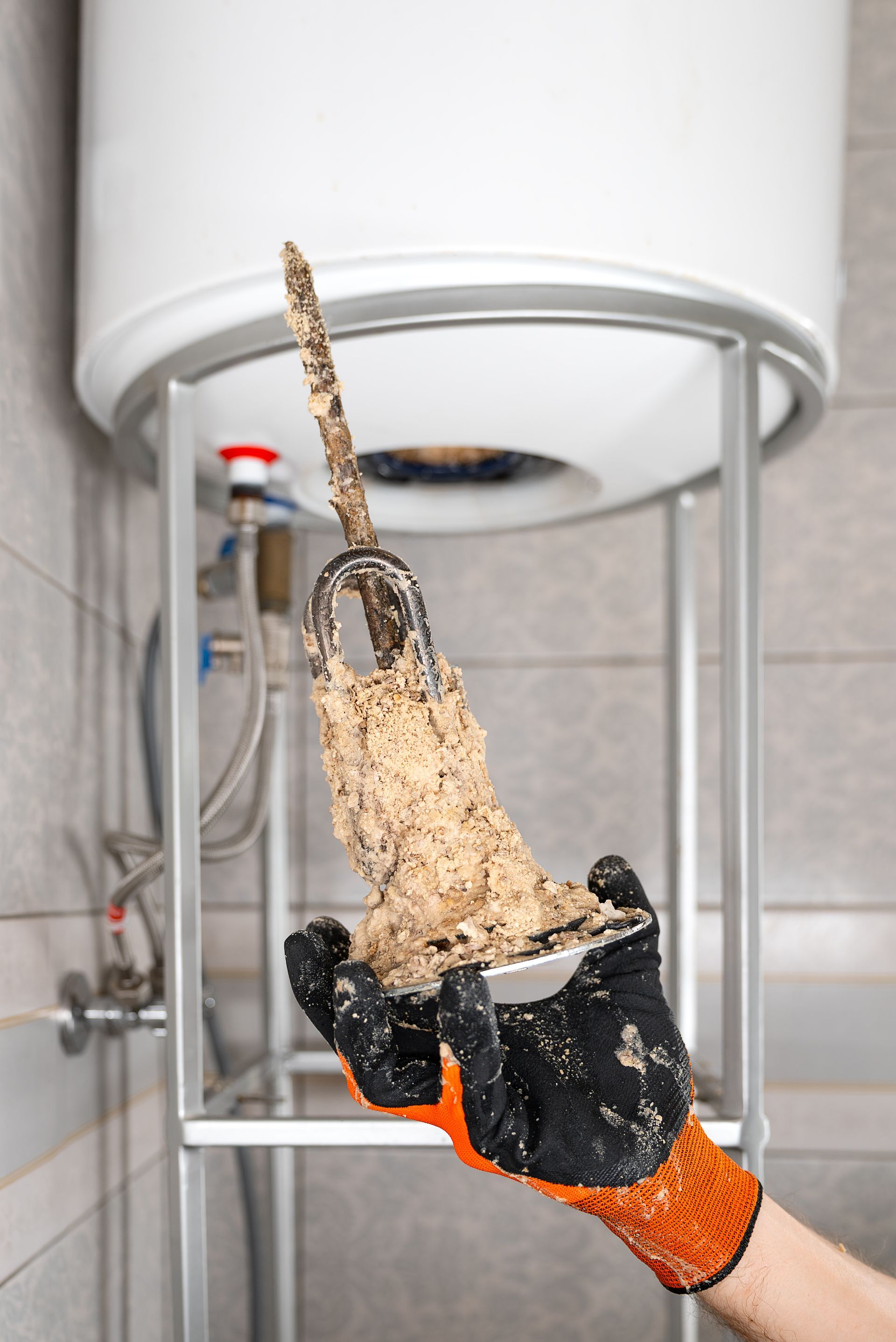 Main gantée tenant un long outil couvert de débris boueux sous une machine.