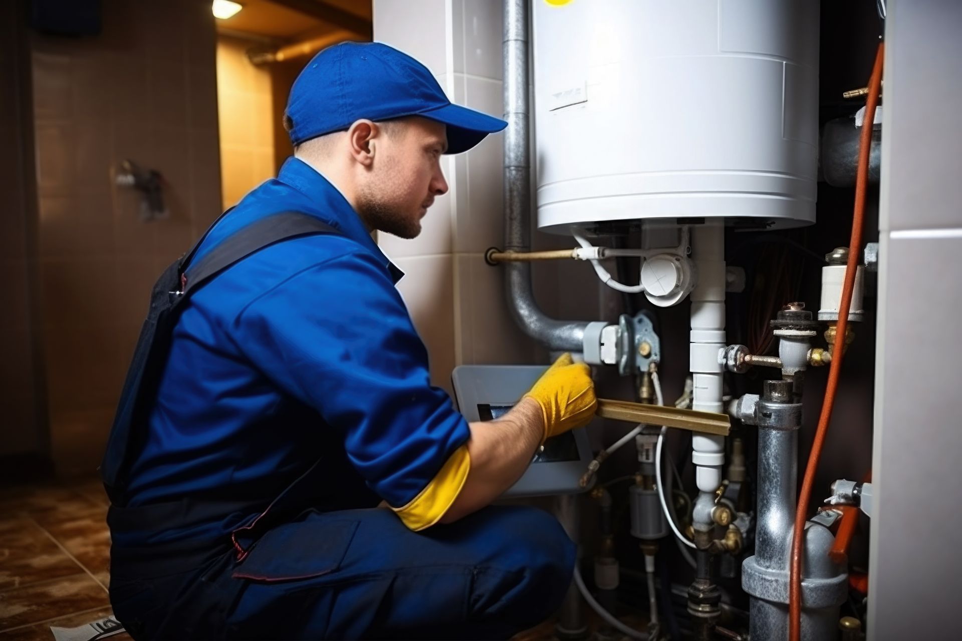 Un plombier en uniforme bleu et gants inspecte les tuyaux du chauffe-eau dans une buanderie.
